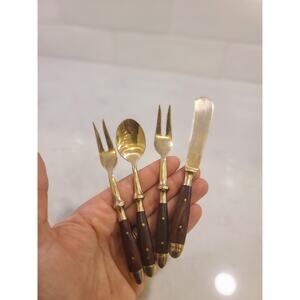 VINTAGE THAILAND BRASS AND TEAK WOOD Flatware 4 PIECES